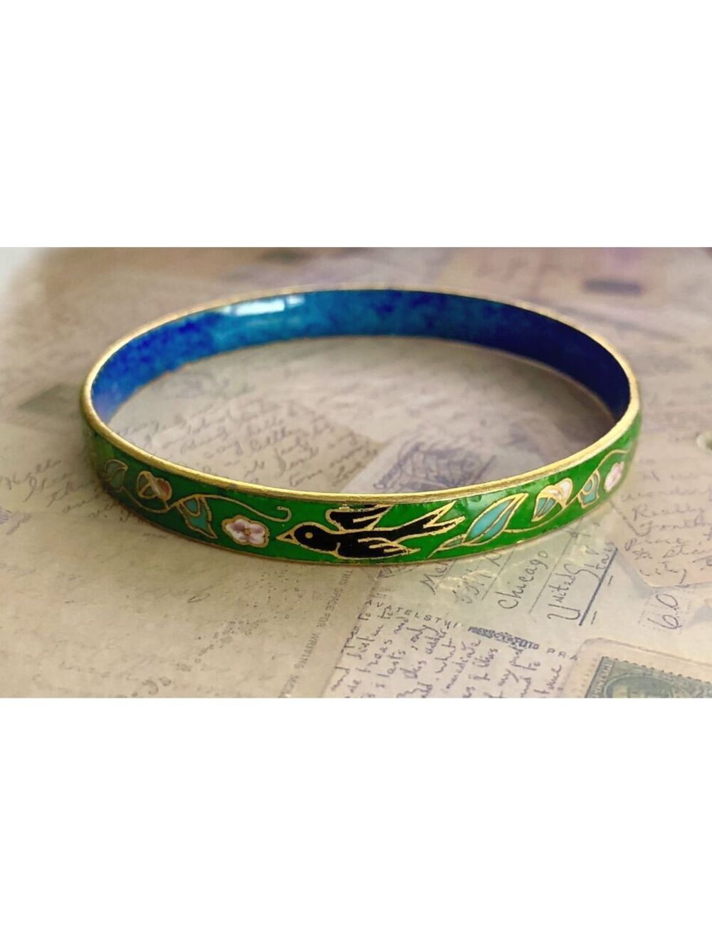 Vintage Cloisonné Enamel Swallow Bird & Floral Bangle Bracelet